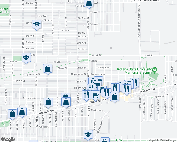 map of restaurants, bars, coffee shops, grocery stores, and more near 651 North 25th Street in Terre Haute