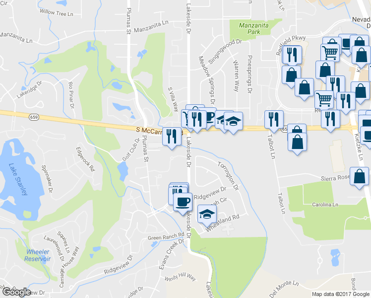 map of restaurants, bars, coffee shops, grocery stores, and more near 6032 Plumas Street in Reno