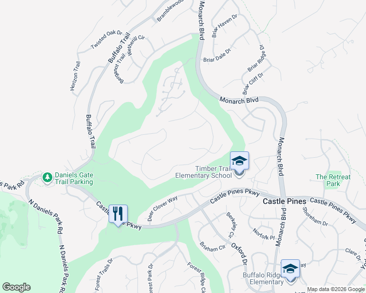 map of restaurants, bars, coffee shops, grocery stores, and more near 931 Shady Oak Lane in Castle Rock