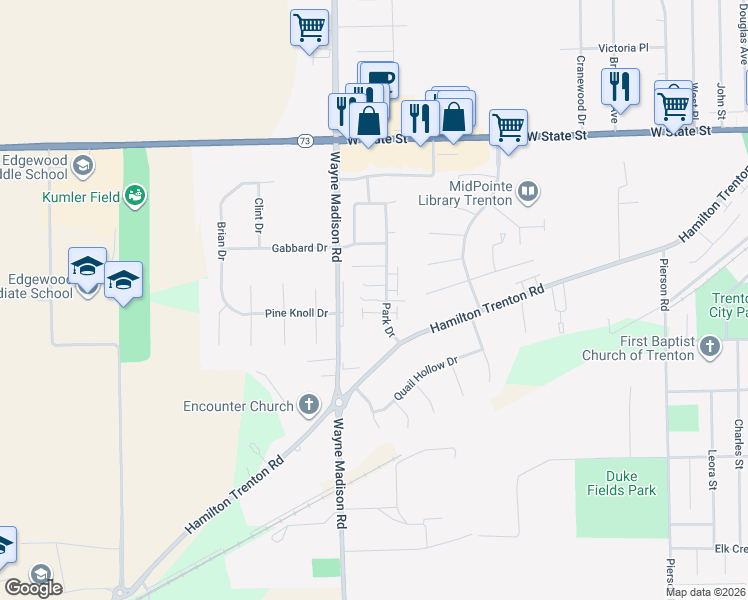 map of restaurants, bars, coffee shops, grocery stores, and more near 503 Park Drive in Trenton
