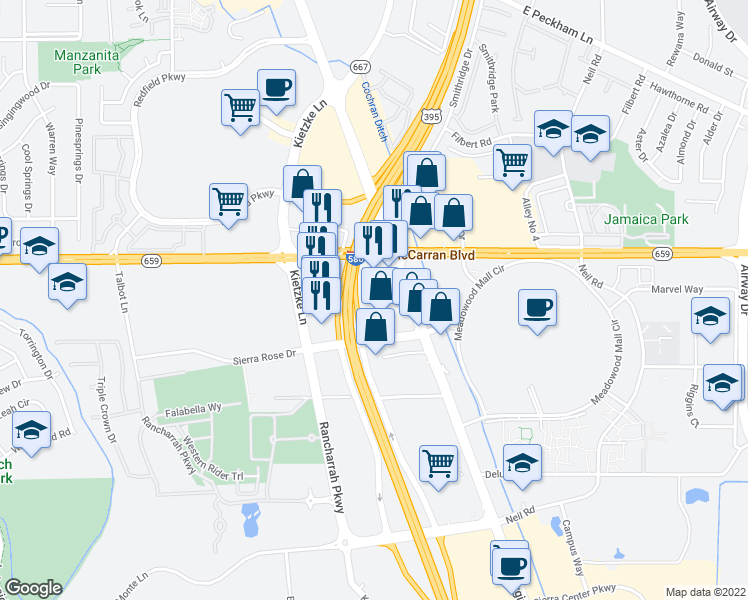 map of restaurants, bars, coffee shops, grocery stores, and more near 5555 South Virginia Street in Reno
