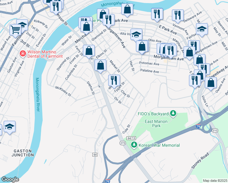 map of restaurants, bars, coffee shops, grocery stores, and more near 331 Wood Street in Fairmont