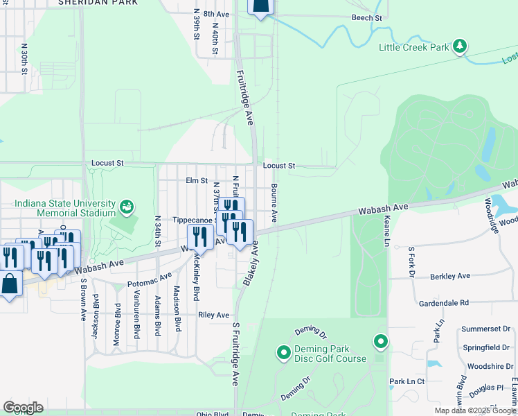 map of restaurants, bars, coffee shops, grocery stores, and more near 101 Blakely Avenue in Terre Haute