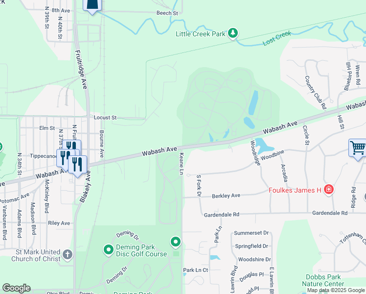 map of restaurants, bars, coffee shops, grocery stores, and more near 4520 Wabash Avenue in Terre Haute