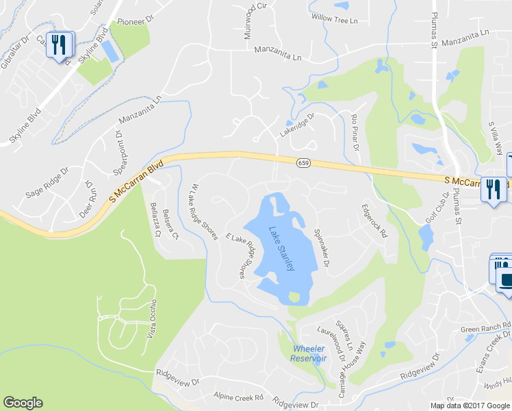 map of restaurants, bars, coffee shops, grocery stores, and more near 2448 East Lake Ridge Shores in Reno