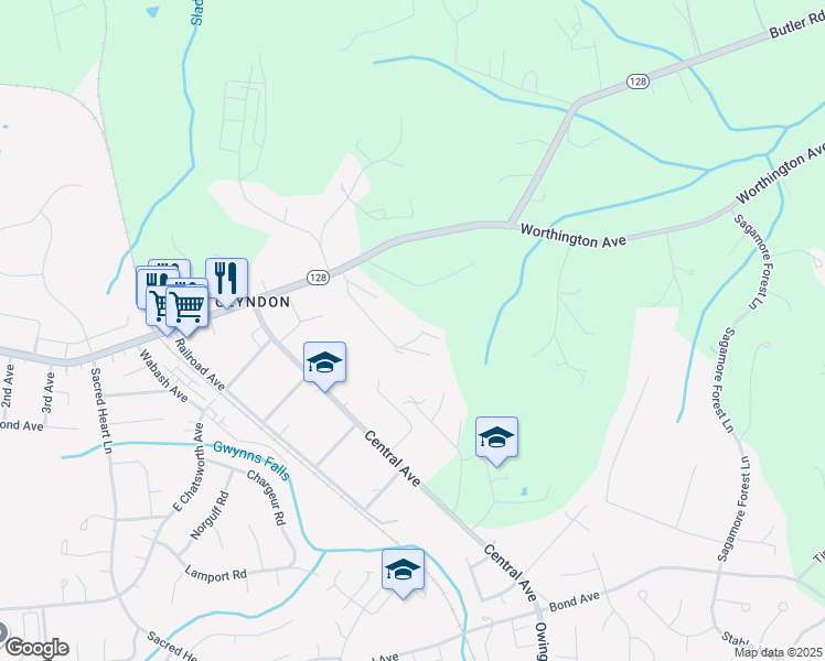 map of restaurants, bars, coffee shops, grocery stores, and more near 6 Bowers Lane in Reisterstown