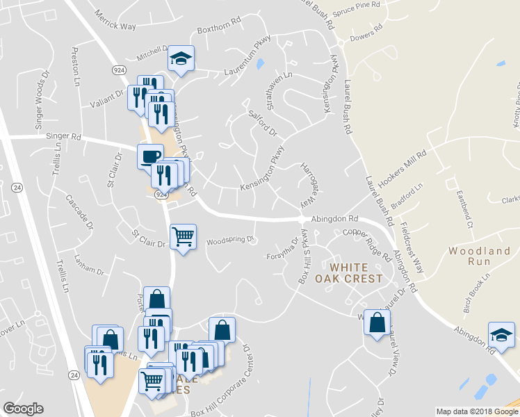 map of restaurants, bars, coffee shops, grocery stores, and more near 2961 Colchester Court in Abingdon