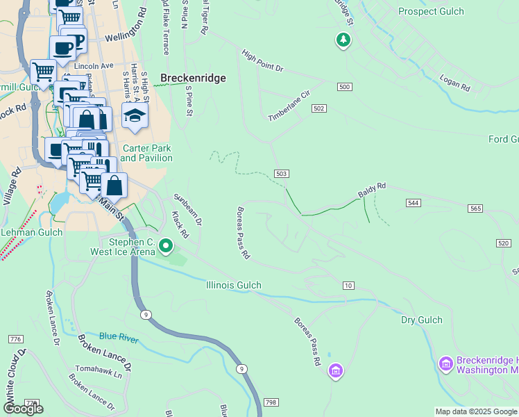 map of restaurants, bars, coffee shops, grocery stores, and more near 265 Overlook Drive in Breckenridge