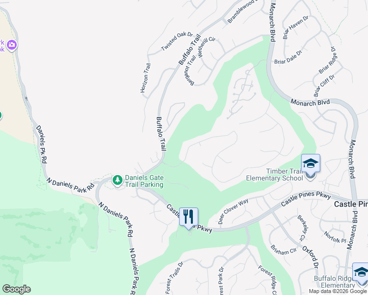 map of restaurants, bars, coffee shops, grocery stores, and more near 1291 Buffalo Ridge Rd in Castle Rock