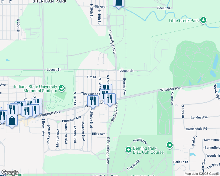 map of restaurants, bars, coffee shops, grocery stores, and more near 101 North Fruitridge Avenue in Terre Haute