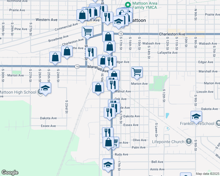 map of restaurants, bars, coffee shops, grocery stores, and more near 719 Lakeland Boulevard in Mattoon
