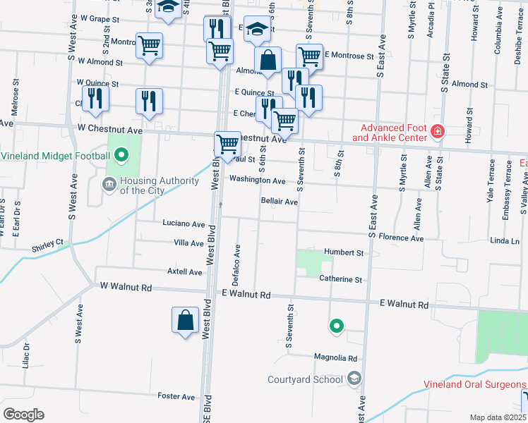 map of restaurants, bars, coffee shops, grocery stores, and more near 751 South 6th Street in Vineland