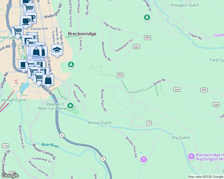 map of restaurants, bars, coffee shops, grocery stores, and more near 303 Overlook Drive in Breckenridge