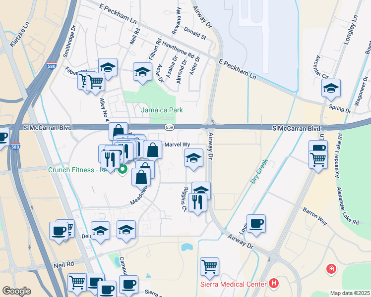 map of restaurants, bars, coffee shops, grocery stores, and more near 1550 Marvel Way in Reno