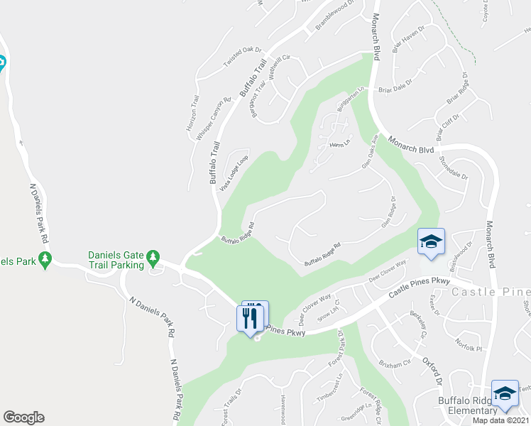 map of restaurants, bars, coffee shops, grocery stores, and more near 1276 Buffalo Ridge Road in Castle Rock