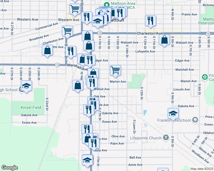 map of restaurants, bars, coffee shops, grocery stores, and more near 717 South 16th Street in Mattoon