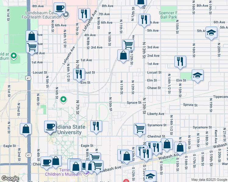 map of restaurants, bars, coffee shops, grocery stores, and more near 1012 Tippecanoe Street in Terre Haute