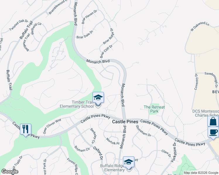 map of restaurants, bars, coffee shops, grocery stores, and more near 7832 Stonedale Drive in Castle Pines