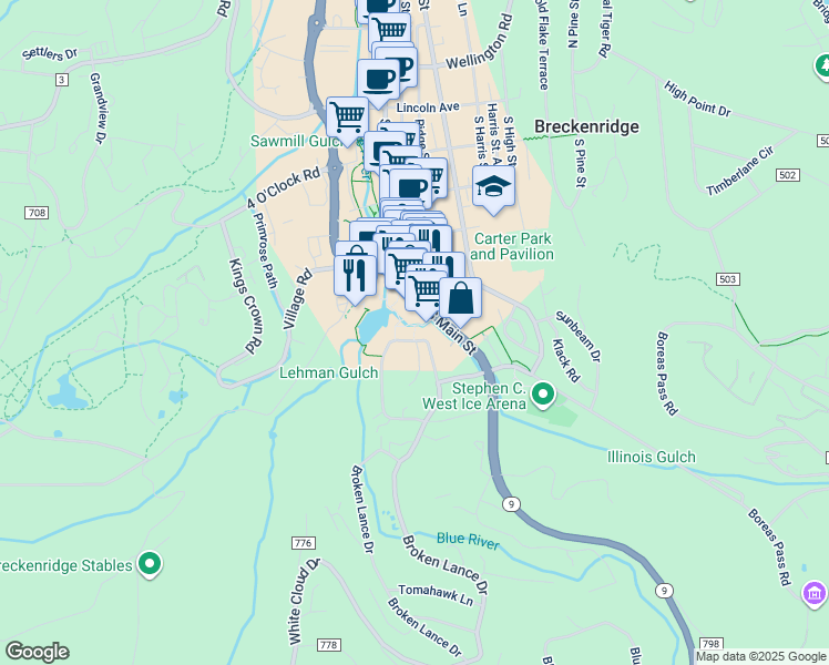 map of restaurants, bars, coffee shops, grocery stores, and more near 610 Columbine Road in Breckenridge