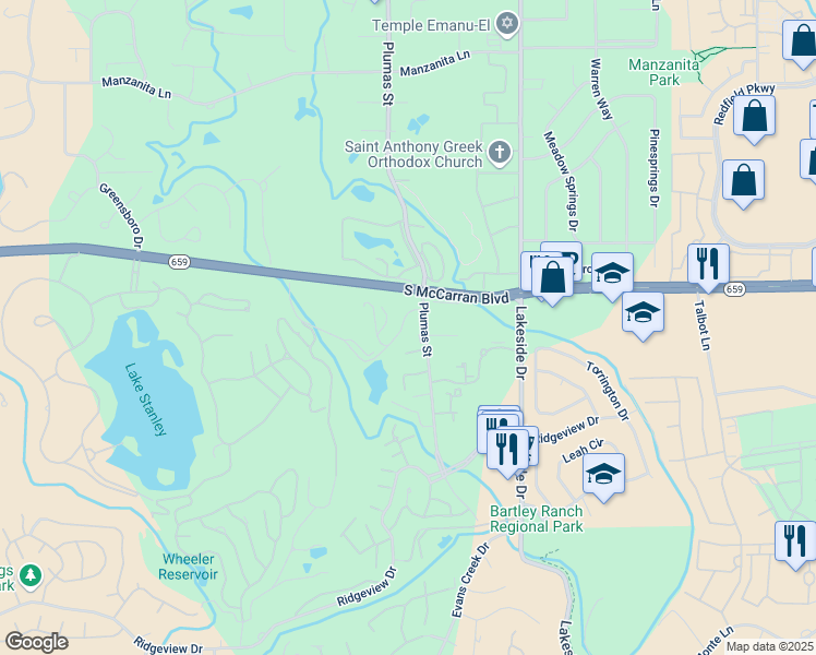 map of restaurants, bars, coffee shops, grocery stores, and more near 6005 Golf Club Drive in Reno