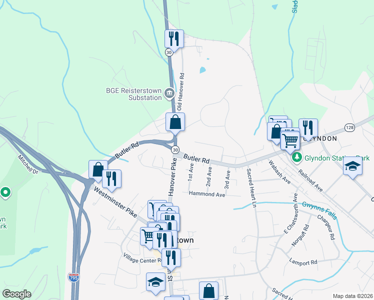 map of restaurants, bars, coffee shops, grocery stores, and more near 9 Butler Road in Reisterstown