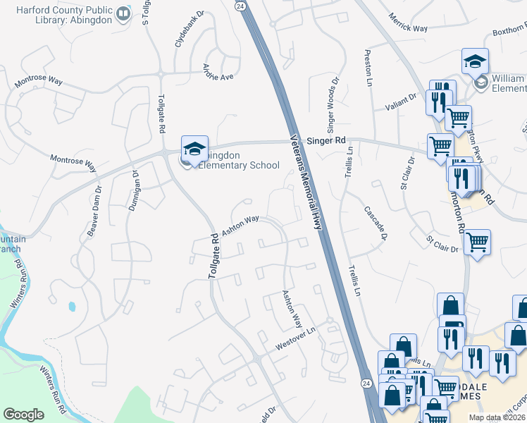 map of restaurants, bars, coffee shops, grocery stores, and more near 236 High Meadow Terrace in Abingdon