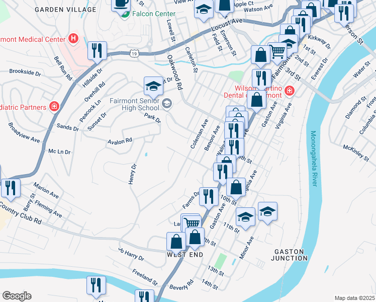 map of restaurants, bars, coffee shops, grocery stores, and more near 835 Coleman Avenue in Fairmont