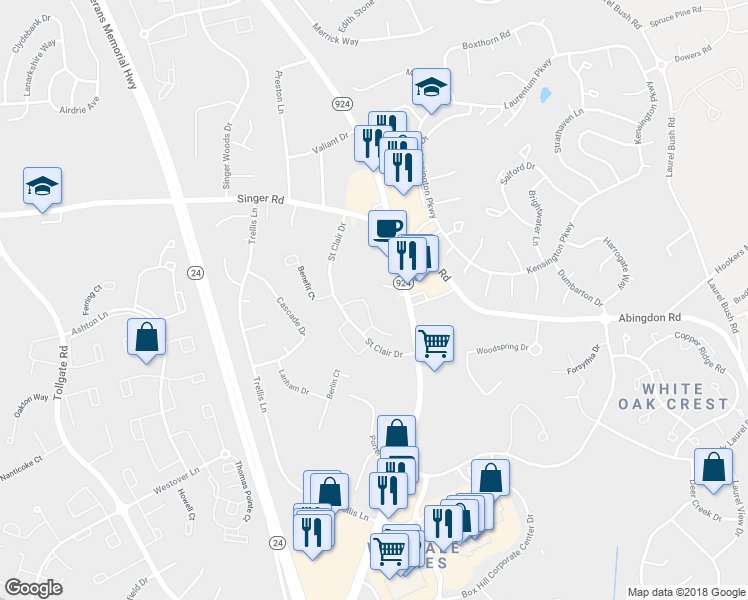 map of restaurants, bars, coffee shops, grocery stores, and more near 3142 Eden Drive in Abingdon