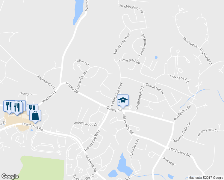 map of restaurants, bars, coffee shops, grocery stores, and more near 12 Gatespring Court in Cockeysville