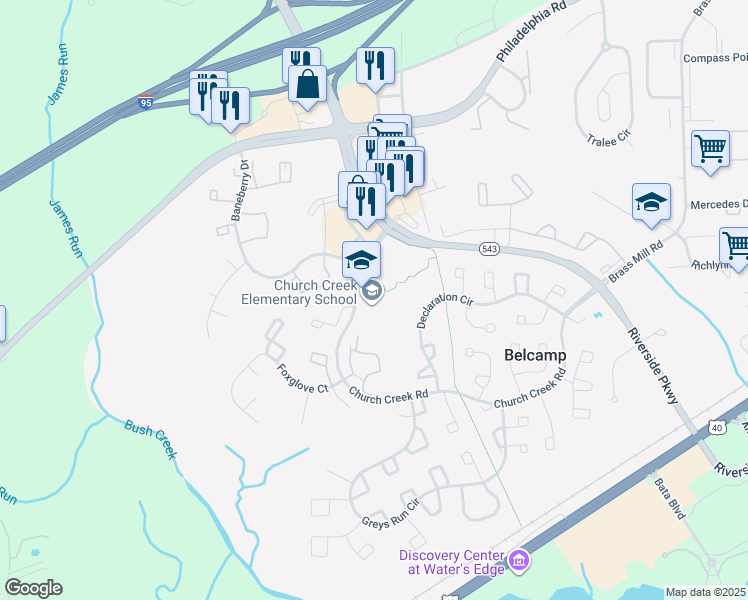 map of restaurants, bars, coffee shops, grocery stores, and more near 4299 Church Creek Road in Belcamp