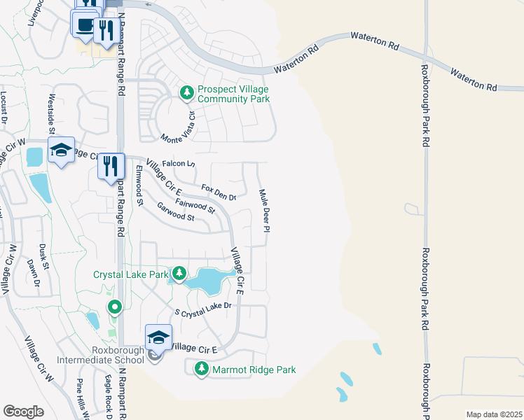 map of restaurants, bars, coffee shops, grocery stores, and more near 7825 Mule Deer Place in Littleton