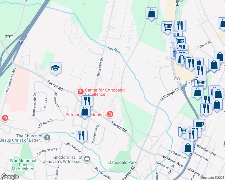 map of restaurants, bars, coffee shops, grocery stores, and more near 176 Health Care Lane in Martinsburg