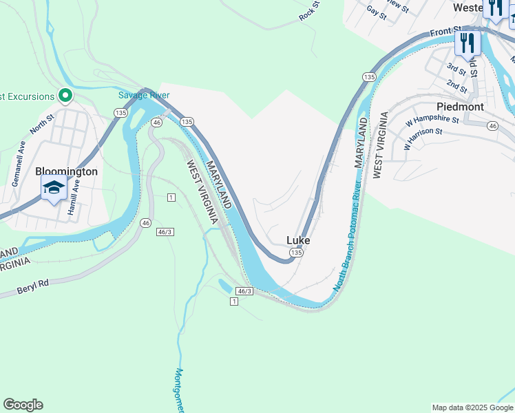 map of restaurants, bars, coffee shops, grocery stores, and more near 138 Mullen Avenue in Westernport