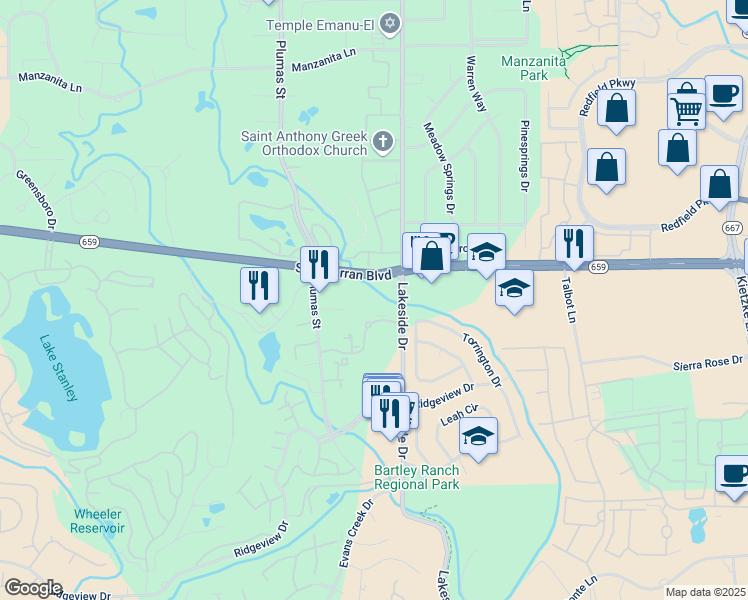 map of restaurants, bars, coffee shops, grocery stores, and more near 6024 Plumas Street in Reno