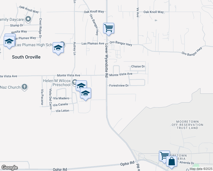 map of restaurants, bars, coffee shops, grocery stores, and more near Lower Wyandotte Road & Forestview Drive in Oroville