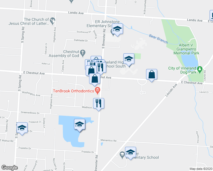 map of restaurants, bars, coffee shops, grocery stores, and more near 2715 East Chestnut Avenue in Vineland