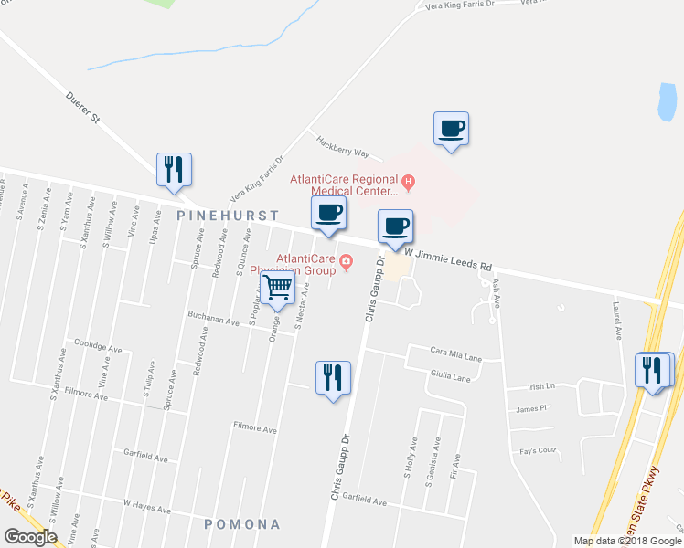 map of restaurants, bars, coffee shops, grocery stores, and more near 76 West Jimmie Leeds Road in Galloway