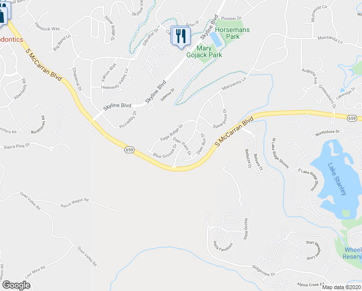 map of restaurants, bars, coffee shops, grocery stores, and more near 4895 Deer Pass Drive in Reno