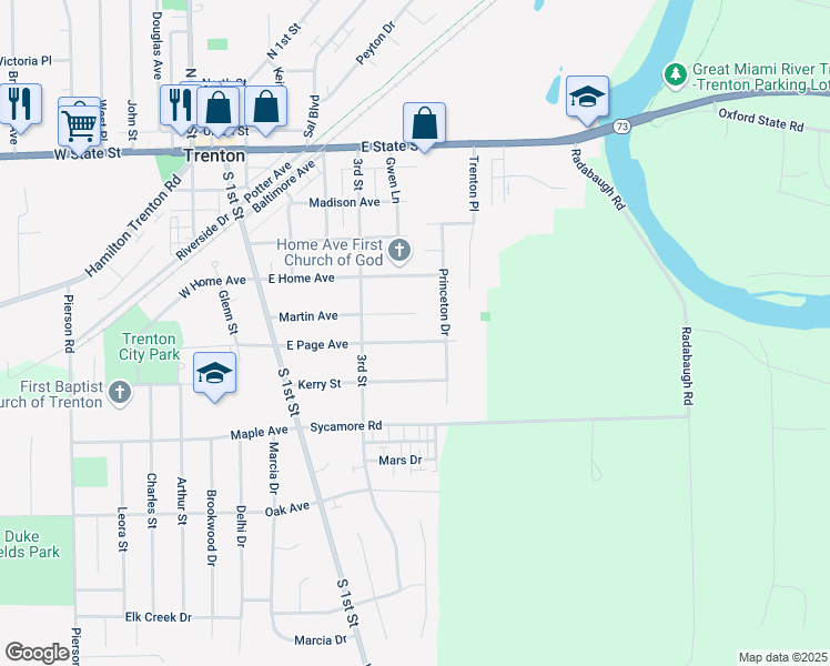 map of restaurants, bars, coffee shops, grocery stores, and more near 412 E Page Ave in Trenton
