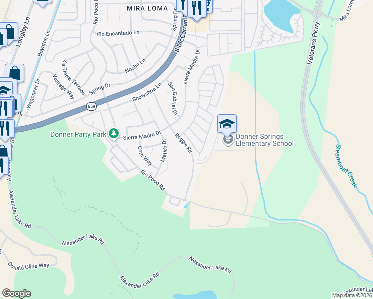 map of restaurants, bars, coffee shops, grocery stores, and more near 4637 Reggie Road in Reno