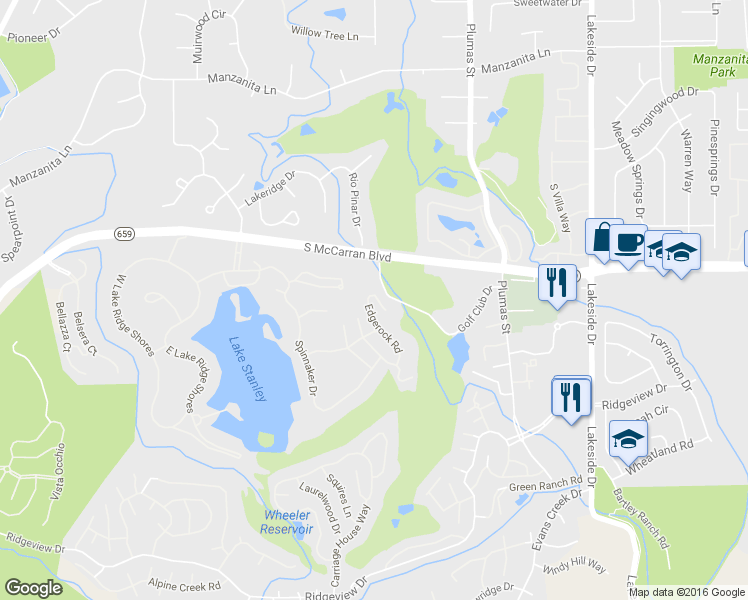 map of restaurants, bars, coffee shops, grocery stores, and more near 2535 Edgerock Road in Reno