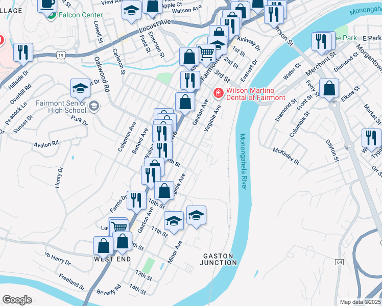 map of restaurants, bars, coffee shops, grocery stores, and more near 719 Virginia Avenue in Fairmont