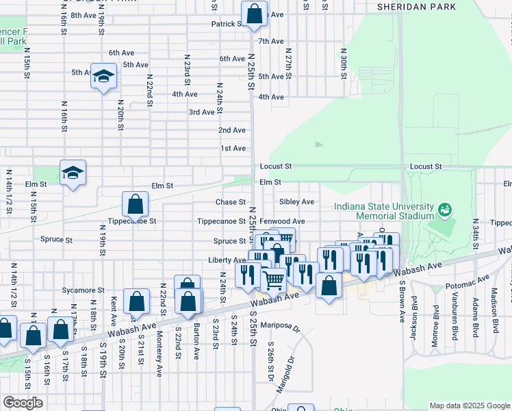 map of restaurants, bars, coffee shops, grocery stores, and more near 669 North 25th Street in Terre Haute