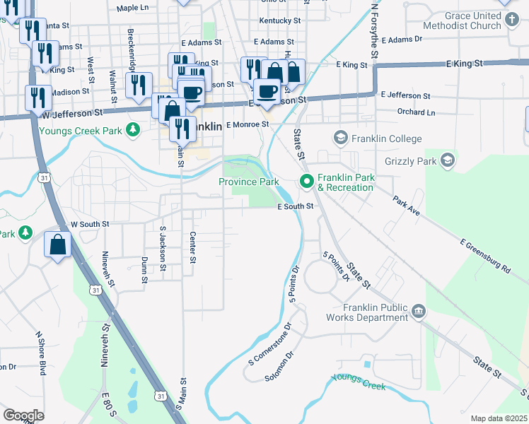 map of restaurants, bars, coffee shops, grocery stores, and more near 287 East South Street in Franklin