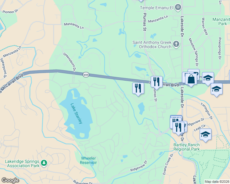 map of restaurants, bars, coffee shops, grocery stores, and more near 2535 Edgerock Road in Reno