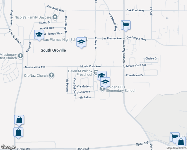 map of restaurants, bars, coffee shops, grocery stores, and more near 5737 Autrey Lane in Oroville