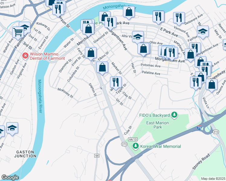 map of restaurants, bars, coffee shops, grocery stores, and more near 331 Wood Street in Fairmont