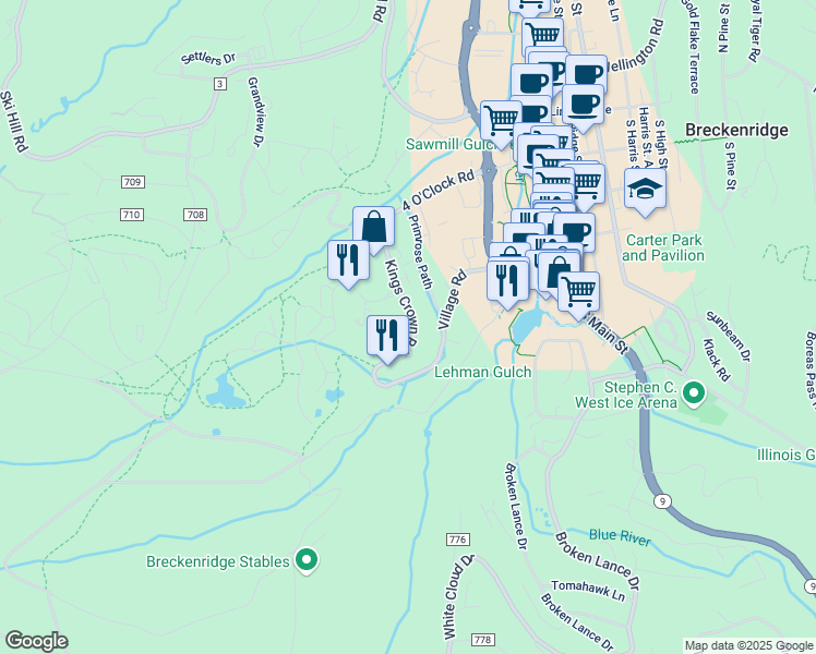 map of restaurants, bars, coffee shops, grocery stores, and more near 43 Snowflake Drive in Breckenridge