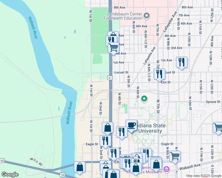 map of restaurants, bars, coffee shops, grocery stores, and more near North 3rd Street in Terre Haute