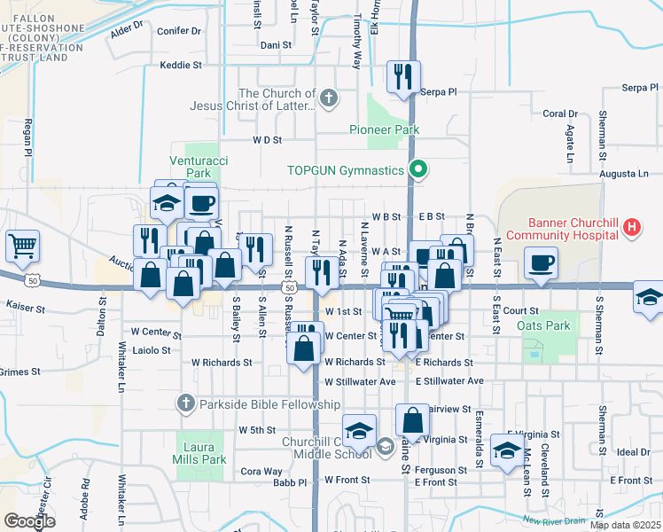 map of restaurants, bars, coffee shops, grocery stores, and more near 365 West A Street in Fallon
